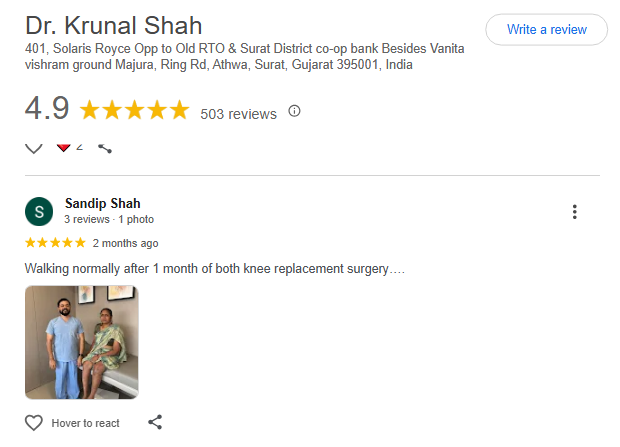 Google review of Krunal Soni for Knee Replacement Surgery for another patient