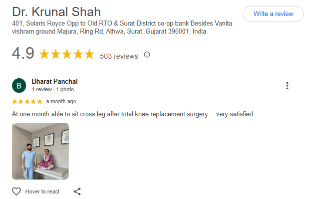 Google review of Krunal Soni for Knee Replacement Surgery